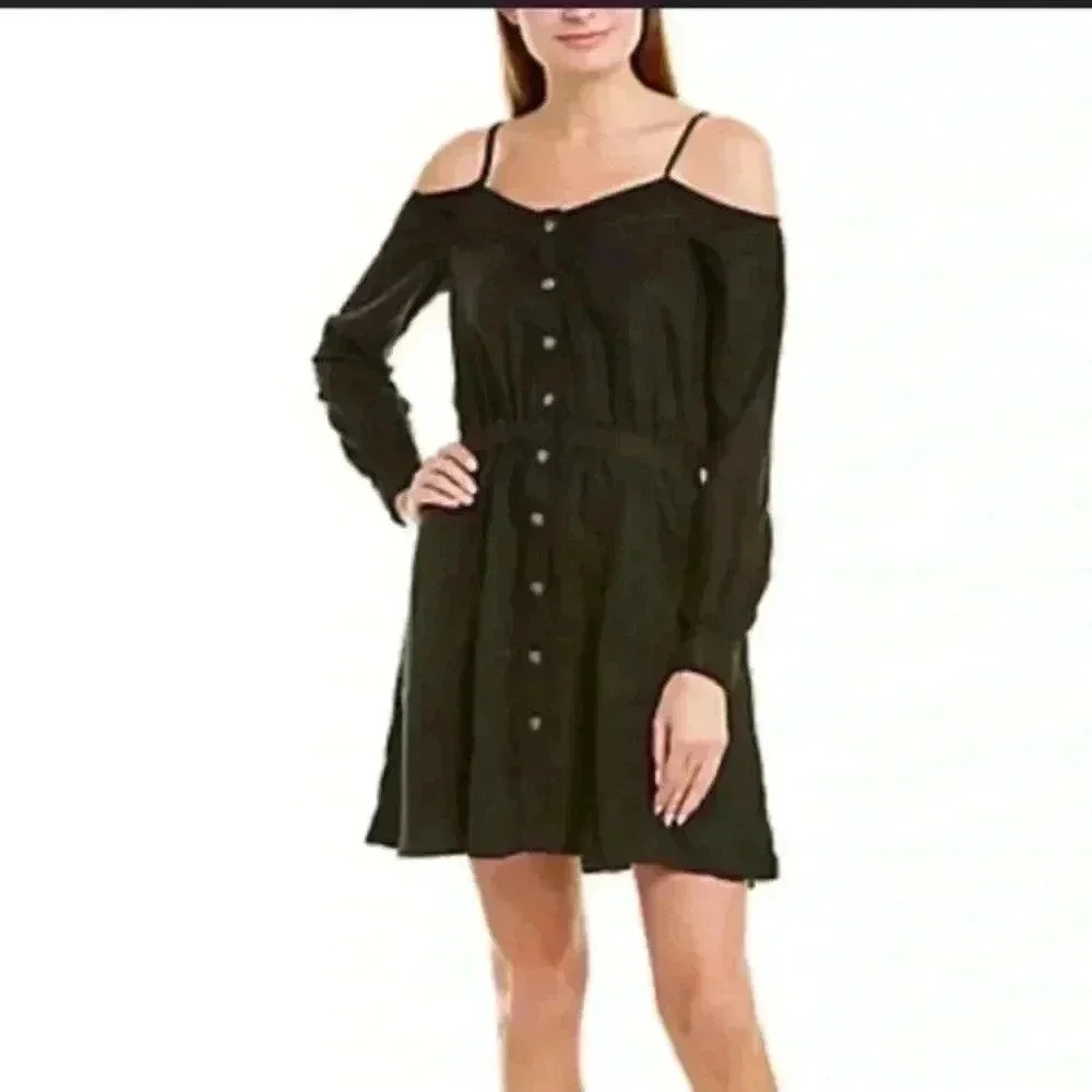 The kooples off the shoulder black denim looking button front midi dress